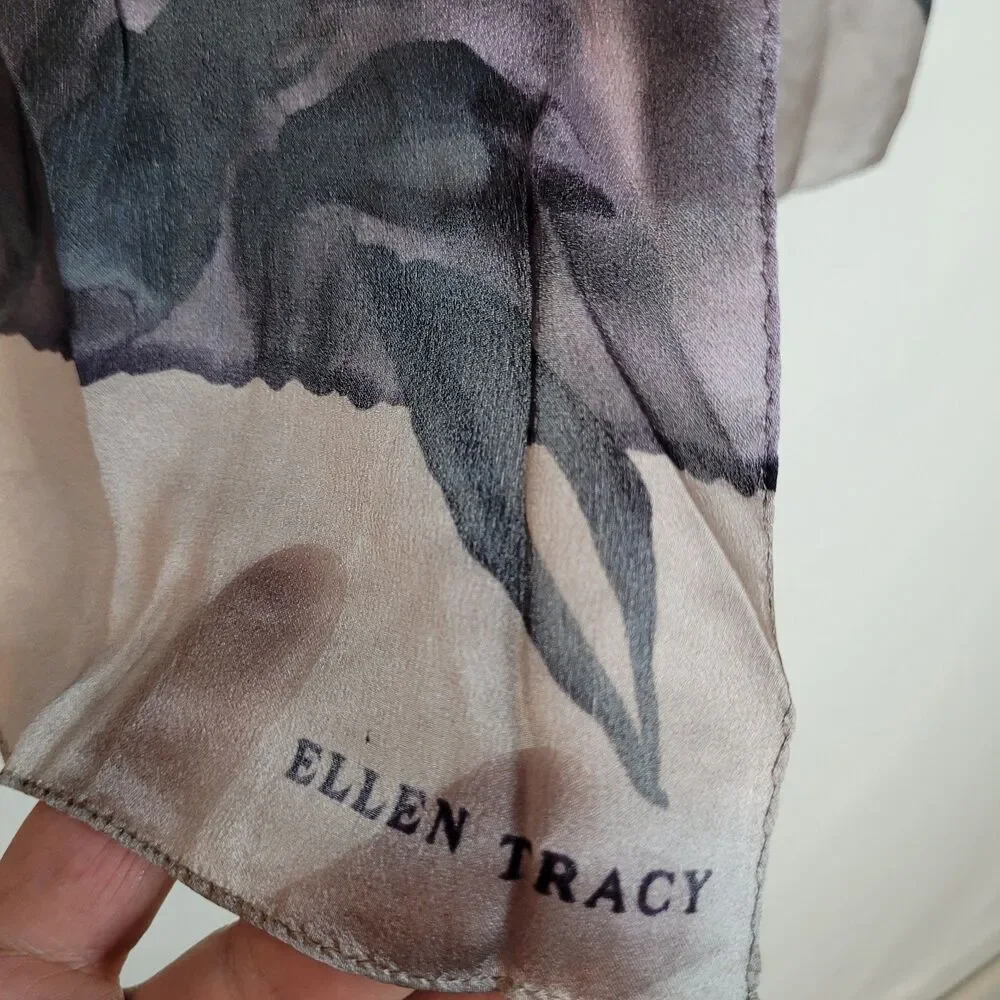 Ellen Tracy Vintage Sheer 100% Silk Scarf Purple Black Floral 53x11 Hand Rolled